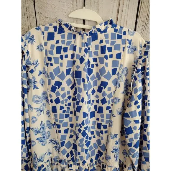 Tolani Collection Blue & White Geometric-Print Ruffle Trim Flowy Babydoll Dress - Picture 8 of 13